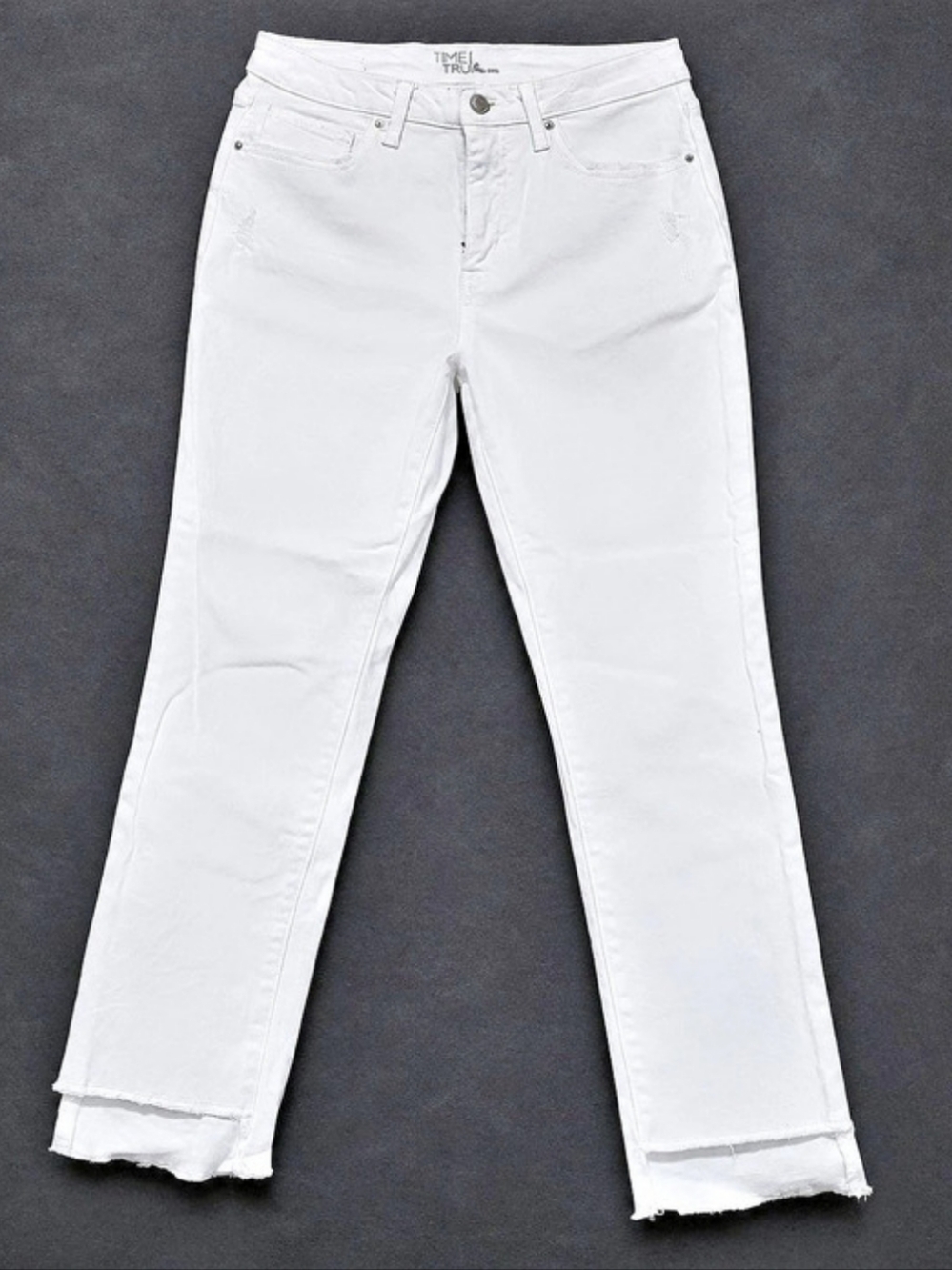 Size 8, Women's High Rise Straight Leg White Jeans with Raw Hem High Rise
